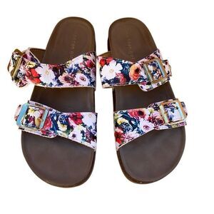 Madden Girl Brycee Footbed Flat Slip On Hippie Boho Sandals White Floral Size 9